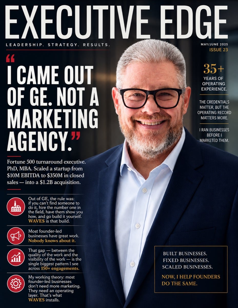 Don Davis on the cover of Executive Edge magazine. Headline: I came out of GE. Not a marketing agency.